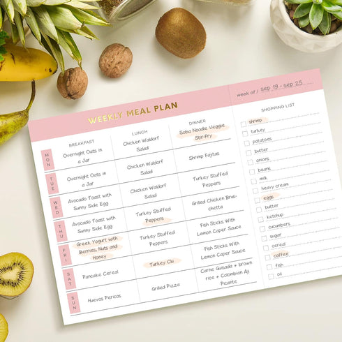 Sweetzer & Orange Weekly Meal Planner Notepad - Pink 10x7” with Tear Off Grocery List for Family Dinner Planning