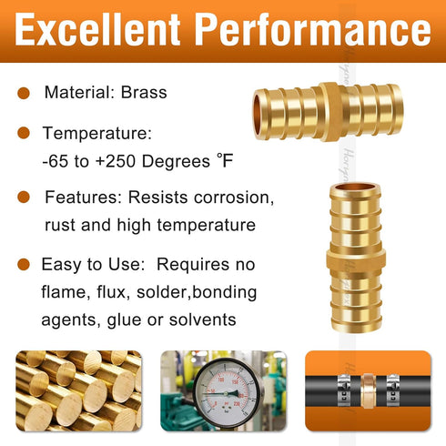 1/2 inch PEX Straight Fitting, Brass Coupling Adapts Water Pipes, Connect Tubing with Crimp Ring, 20 pcs