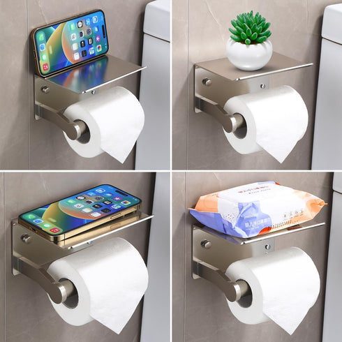Homely Trove Toilet Paper Holder with Shelf - Self Adhesive Tissue Towel Dispenser or Wall Mounted Toilet Paper Roll
