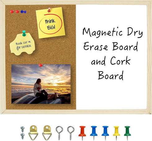 OWLKELA Dry Erase Cork Board 16.5"x12.6" | Notice Pin Board, Memo Board with Wooden Frame and Push Pins