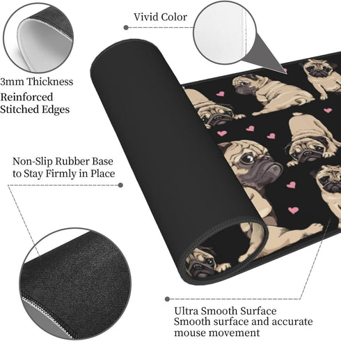 Pug Cute Black Cool FUUNY Dog Love Mouse Pad, XL Extended Non-Slip Rubber Base, 31.5 x 11.8 Inch
