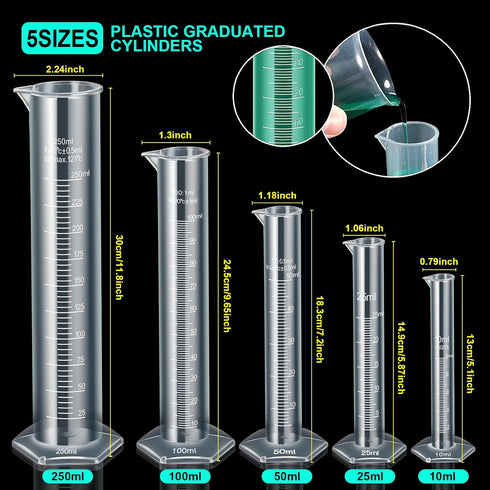 Teenitor Plastic Graduated Cylinder Beaker Set of 5pcs (10ml, 25ml, 50ml, 100ml, 250ml) and 5pcs Plastic Beakers