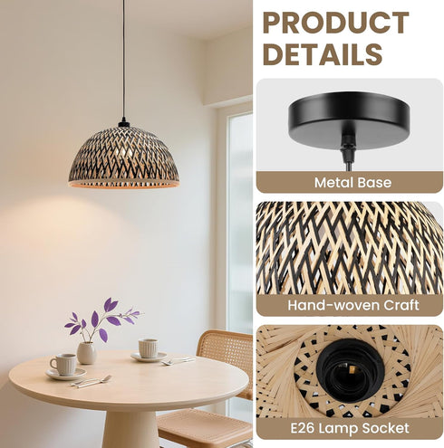 9.84 inch Bamboo Pendant Light Fixture, One-Light Adjustable Boho Handmade Woven Pendant Lighting for Kitchen Island