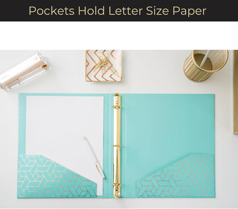 Blu Monaco Cute 3 Ring Binders for School, College, Work, Set of 2 Aqua Pastel Binders with Gold Foil Design