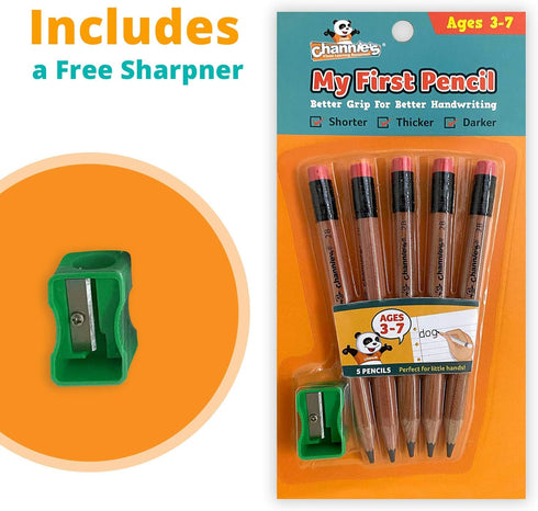 Channie's My First Pencil, Easy-to-Hold Jumbo Pencils for Preschoolers, Kindergarteners & 1st Graders, Brown Wooden 2B Fat Pencils for Kids Ages 3-7, 2 Pack (5 Each) + Sharpener by Channie's
