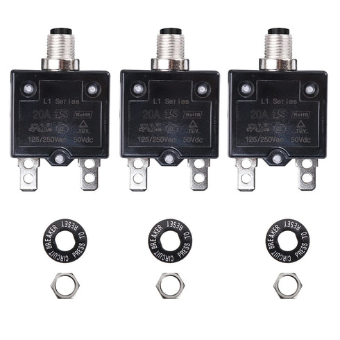 20A 125-250V AC 50V DC Push Button Circuit Breaker L1 Series, Manual Reset Thermal Circuit Breaker (3 Pack)