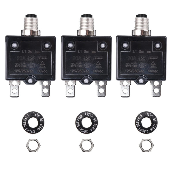 20A 125-250V AC 50V DC Push Button Circuit Breaker L1 Series, Manual Reset Thermal Circuit Breaker (3 Pack)