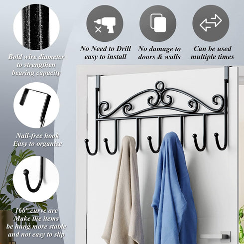 Over The Door Hook, 2 Pieces Towel Rack & Coat Rack Hanger with 7 Hooks (Black)