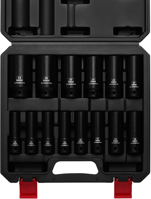 14PCS 1/2" Set, 6-Point, 10mm 32mm, CASOMAN Drive Deep Impact Socket Metric, CR-MO, to for Auto Repair, Mechanic