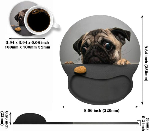 Ergonomic Mouse Pad with Cute Pug Wrist Support, Large Non-Slip PU Base for Home Office Gaming