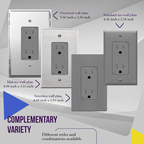 ENERLITES Decorator Receptacle Outlet with Wall Plate, Tamper-Resistant, 15A 125V, Gray