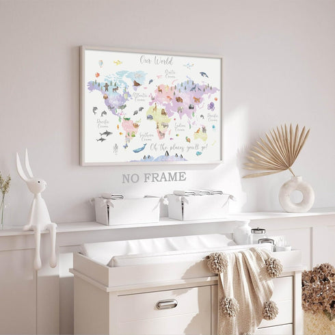Vlejoy Pink Animal World Map Poster Print, 16x24in Canvas Wall Art for Girl's Bedroom & Classroom Decor