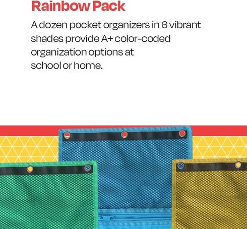 School Smart Mesh Zippered Binder Pockets, 10 x 7-1/2 Inches, Assorted Colors, 12 Pack