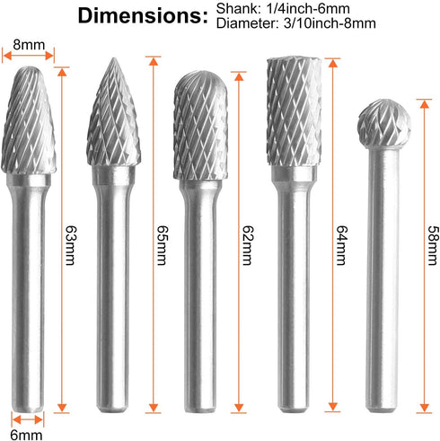 5Pcs Premium Tungsten Steel Carbide Rotary Burr Set - 1/4inch Shank Double Cut Carbide Burr Set for DIY Wood-Working