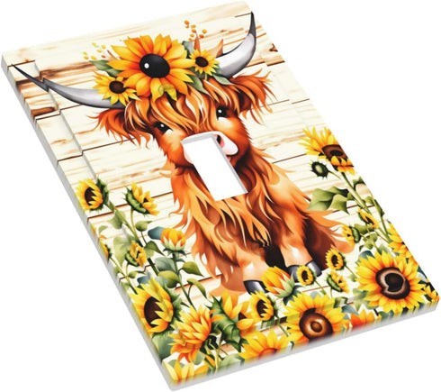 HTSAHKV 3 5 Inch Sunflower Highland Cow Wall Plate Light Switch Cover Single Gang Outlet Faceplate Print Plate Cover X