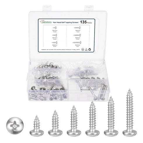 METALLIXITY Phillips Pan Head Self Tapping Screws(M6) 135Pcs, 304 Stainless Steel Self Drilling