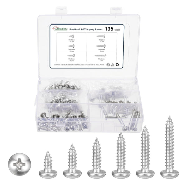 METALLIXITY Phillips Pan Head Self Tapping Screws(M6) 135Pcs, 304 Stainless Steel Self Drilling