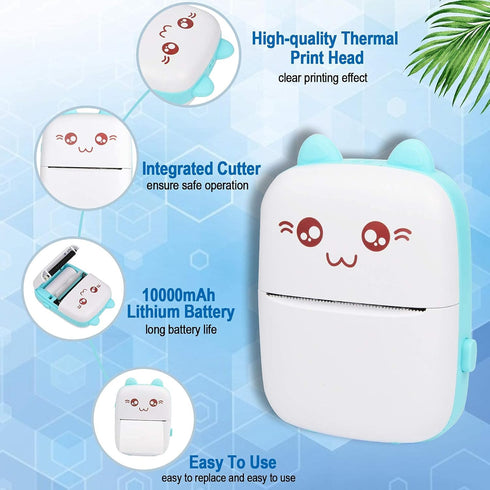 Portable Printer, Mini Pocket Wireless Bluetooth Thermal Printer with 6 Rolls Printing Paper for Android iOS, Blue