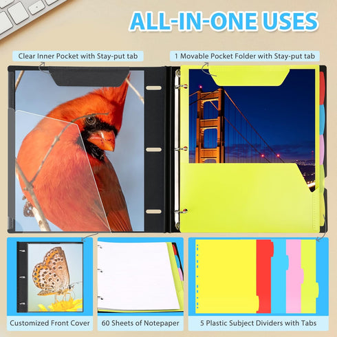 WOT All-in-one Telescoping Binder Notebook 2PCS, Refillable 3 Ring Binder with Customized Cover, 60 Sheets, Black