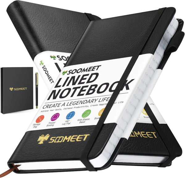 Lined Pocket Notebook, Small Notebook with 1 Pen, 2 Pack, 400 Pages, Hardcover Leather Journal (3.5" x 5.7", Black)