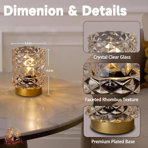 MJ PREMIER Battery Operated Lamp with Timer, Cordless Table Lamps for Shelf Decor, Rhombus Texture Aesthetic Crystal