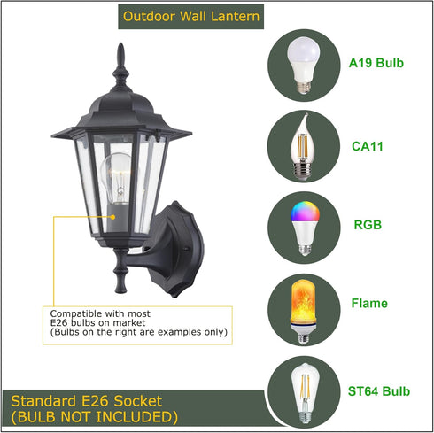 E26 60W Bulbs WISBEAM Outdoor Wall Lantern, Black Wall Sconce for House Porch Lighting Fixture, Base Max, Metal Housing