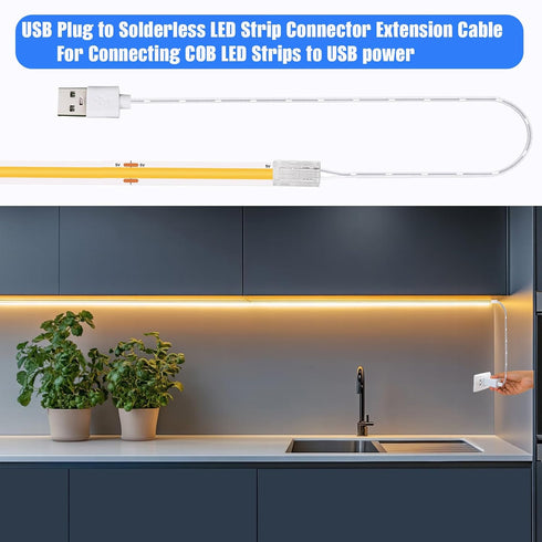 1.64 5v 2Pin 8mm 3-Pack, USB to COB LED Strip Light Solderless Connectors, ft Plug-and-Play USB Power Extension Cable