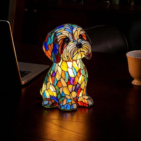 Generic 6.3inch Rainbows Pup Lamp Stained Glass Resin Dog Table Lamp, USB Powered LED Night Light for Bedroom, Desk