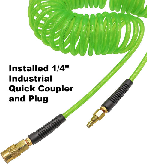YOTOO Polyurethane Recoil Air Hose 1/4" Inner Diameter by 25' Long with Bend Restrictor and Quick Coupler