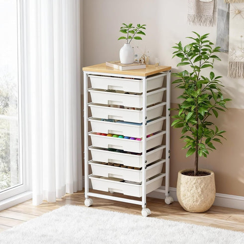 Wufuuoa 8 8-Tier Rolling Storage Cart with Drawers,Utility Cart on Wheels with Wooden Tabletop Craft Storage Trolley