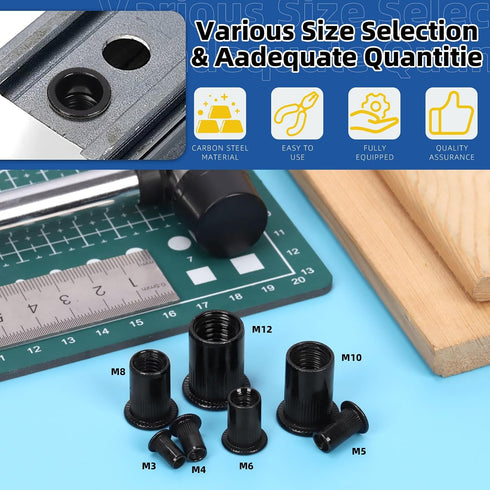 Glarks 320Pcs M3 M4 M5 M6 M8 M10 M12 Set Metric Rivet Nuts Kit Rivet Nuts Black Zinc Plated Carbon Steel Flat Head