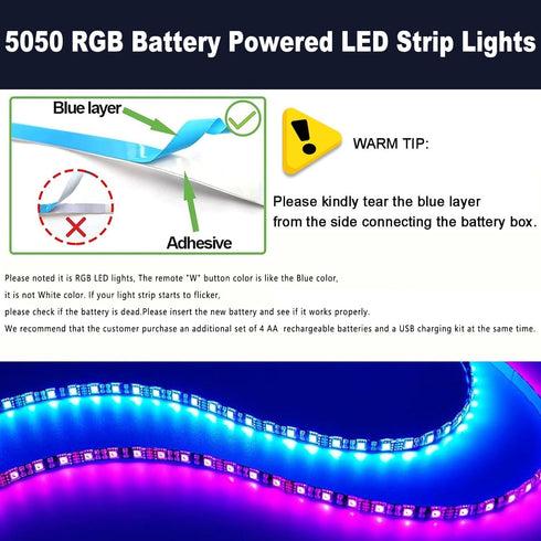 KIKO 6.56ft, 2m 60 5050 Battery Powered Led Strip Lights USB/Battery Operated LED RGB LED Lights Birthday Christmas