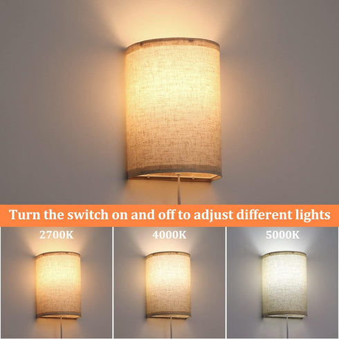 Set 2700K 4000K 5000K AVV Wall Sconces of Two, Wall Lamp Plug in with On/Off Switch, Selectable, Wall Lights