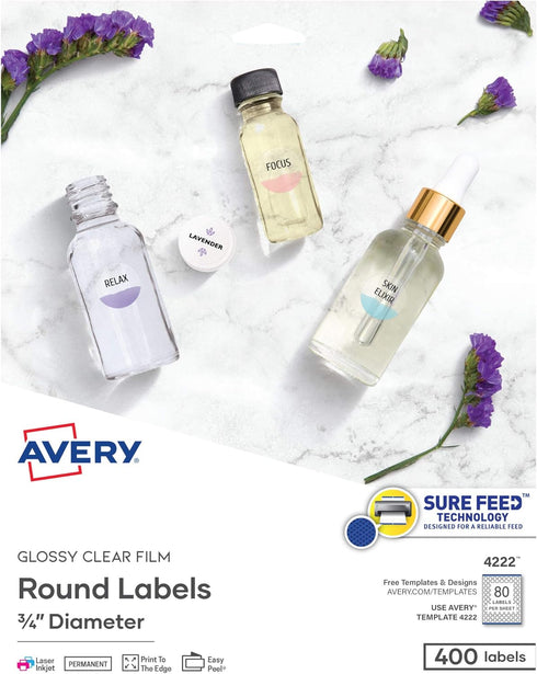 Avery Printable Round Labels with Sure Feed, 3/4" Diameter, Glossy Clear, 400 Customizable Labels