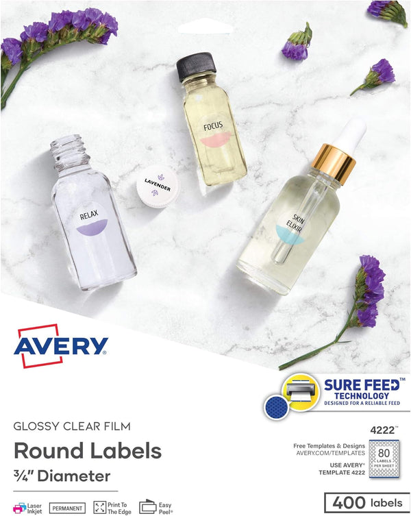 Avery Printable Round Labels with Sure Feed, 3/4" Diameter, Glossy Clear, 400 Customizable Labels