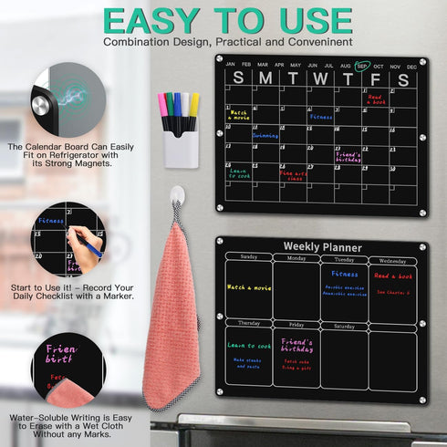Magnetic Acrylic Monthly and Weekly Calendar for Fridge, Black Dry Erase Planning Board with 6 Colorful Markers and Pen