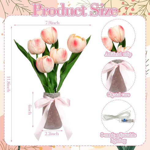 8 VIHOSE Tulip Flower Lamp Tulip Night Light with USB Rechargeable Lighting Modes Nightstand Lamp with Vase Birthday
