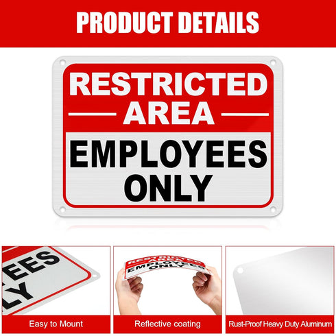 4 Pcs Restricted Area Employees Only Sign, 10 x 7 Inches, Rust Free Aluminum with Pre-Drilled Holes