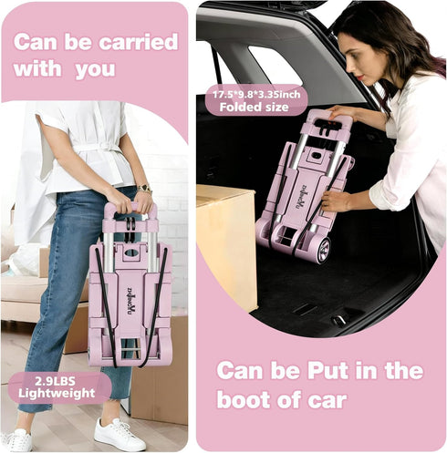 2 Backpack Folding Dolly Pink Hand Cart,Folding Hand Truck Aluminum Trolley,Small Dolly, Foldable Hand Cart Wheel