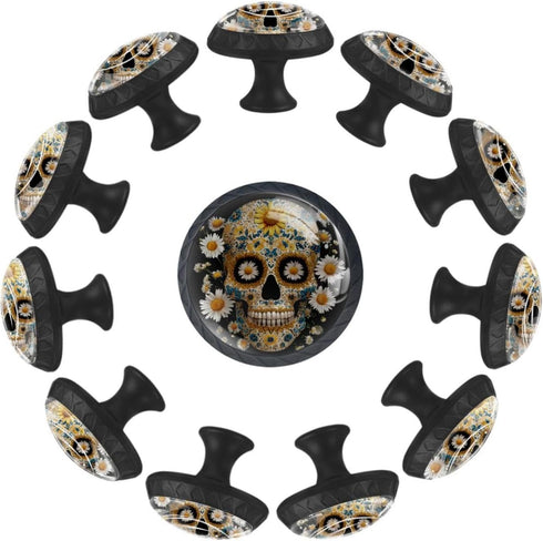Black Finish Sugar Skull Daisy Printed Drawer Knobs, Stylish Cabinet Hardware for