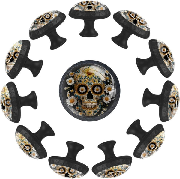 Black Finish Sugar Skull Daisy Printed Drawer Knobs, Stylish Cabinet Hardware for