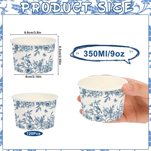 50 Blue Floral Treat Snack Cups - Pcs Blue and White Chinoiserie Disposable Ice Cream Cups Vintage Flower Paper Dessert