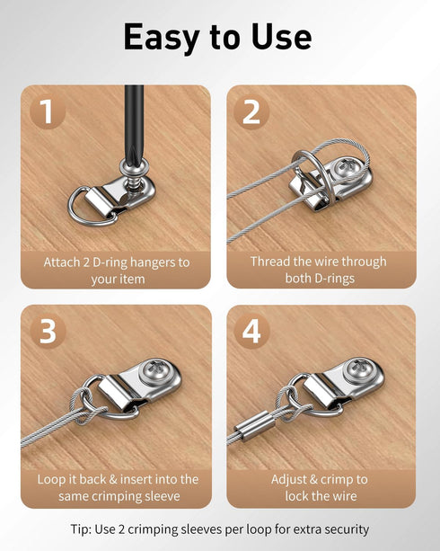 23 1/32" 110 lbs, Uniclife Picture Hanging Wire, Feet Picture Wire Kit with D-Ring Hangers, Stainless Steel Wire Rope