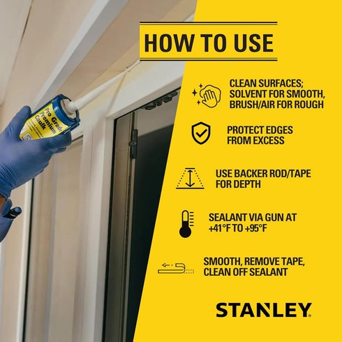 Stanley Premium Siliconized Caulk Acrylic Sealant - Window & Door Caulking, Lifetime Acrylic Latex Sealant for Baseboards, Trims, Kitchen & Bathroom, White, 10.1 fl.oz. 2 Pack