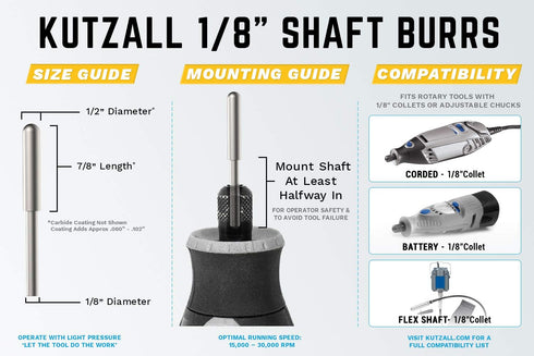Kutzall Original Ball Nose Rotary Burr, 1/8" Shaft, Fine - Wood Carving Bit for Dremel, Foredom, DeWalt