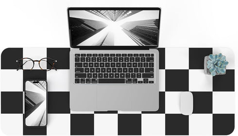 Non-Slip Desk Pad, Checkered Waterproof PU Leather Desk Protector, Large Blotter for Work/Home/Decor (31.5"x12", White)