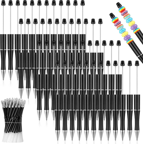 Crtiin 50 Pieces Plastic Beadable Pen Bulk with Black Ink Bead Ballpoint Pen Shaft and 50 Refills for DIY Gift Supplies