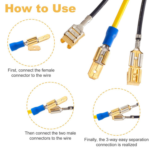 20 Pcs Piggyback Spade Connectors Assortment Kit, 3 Way Adapter Dual Male to Single Female Unisulated Brass