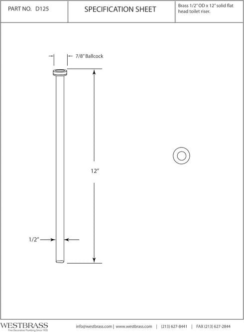 Westbrass D125-62 1/2" x 12" Brass Flat Head Toilet Riser Supply Line, 1-Pack, Matte Black