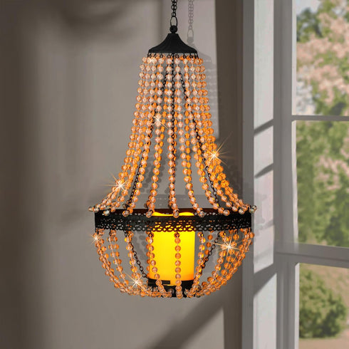BAYN 27H Hanging Candle Chandelier Outdoor, Battery Operated Clear Acrylic Beaded Chandelier with Flickering Led Candle